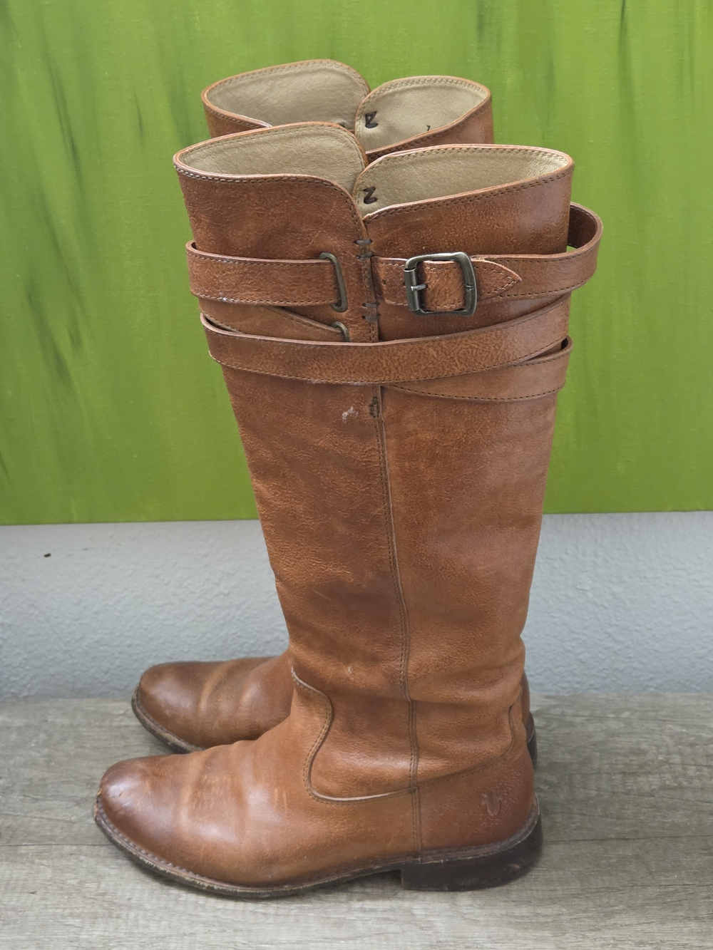 Frye Brown Leather Tall Buckle Riding Boots